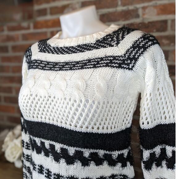 NEW Heart N Crush Sweater XS Cream Black Stripe Fuzzy Open Cable Knit Crew Neck - Picture 2 of 9